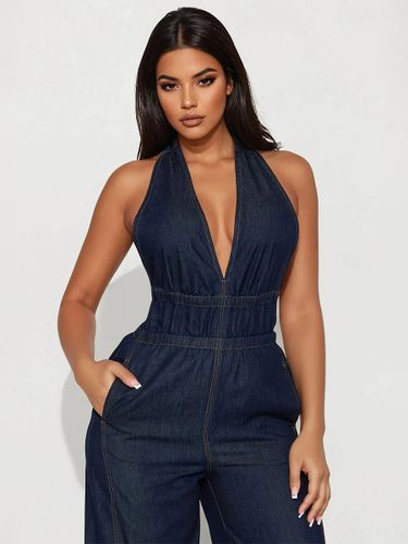 Combinaison en jean dos nu plongeant taille cintrée jambes larges - milanoo.com - Modalova
