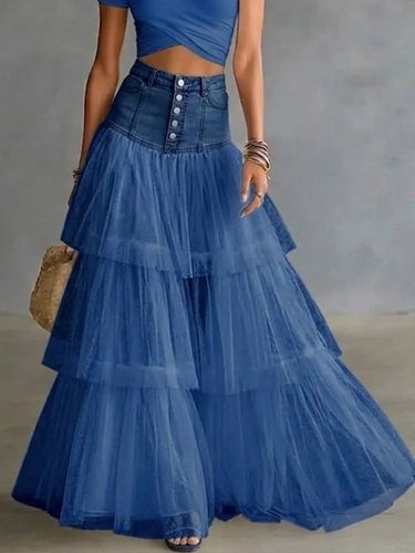 Jupe longue élégante en tulle et denim à taille haute et volants superposés - milanoo.com - Modalova