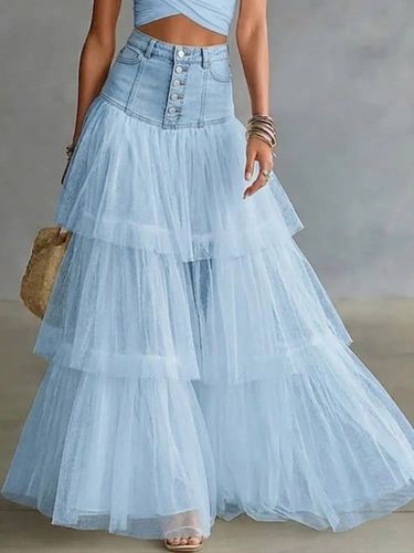 Jupe longue élégante en tulle et denim à taille haute et volants superposés - milanoo.com - Modalova