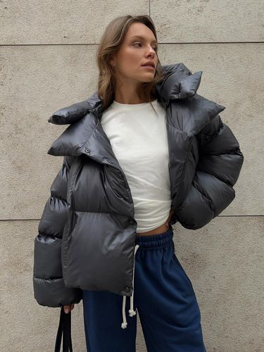 Doudoune courte gris foncé à capuche brillante et oversize veste d'hiver - milanoo.com - Modalova