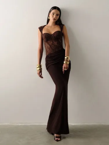 Robe de soirée marron en dentelle bustier froncée robe maxi moulante dos nu robe cocktail - milanoo.com - Modalova