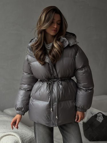 Doudoune longue d'hiver à capuche et ceinture gris foncé avec cordon de serrage à la taille - milanoo.com - Modalova