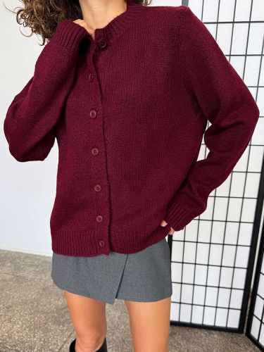Gilet court bordeaux à col rond et boutons en maille manches longues style décontracté - milanoo.com - Modalova