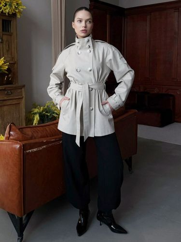 Trench-coat ceinturé col montant croisé longueur mi-longue - milanoo.com - Modalova
