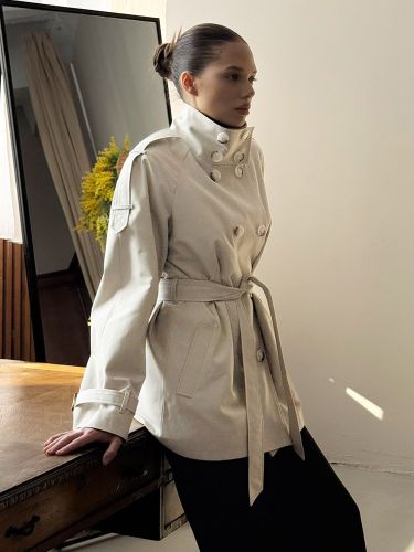 Trench-coat gris clair ceinturé col montant croisé longueur mi-longue - milanoo.com - Modalova
