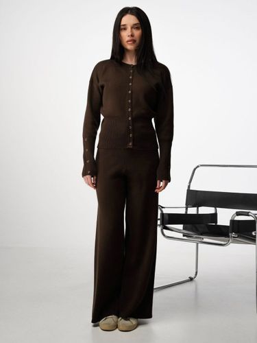 Ensemble deux pièces en maille marron : cardigan à col rond boutonné et pantalon large - milanoo.com - Modalova