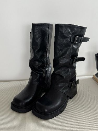 Bottes s bout rond détails boucle plates style motard - milanoo.com - Modalova
