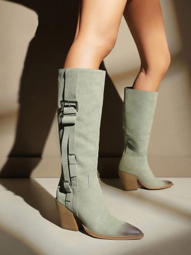 Bottes à talons hautss en daim bout pointu boucle talon épais bottes hautes jusqu'aux genoux - milanoo.com - Modalova