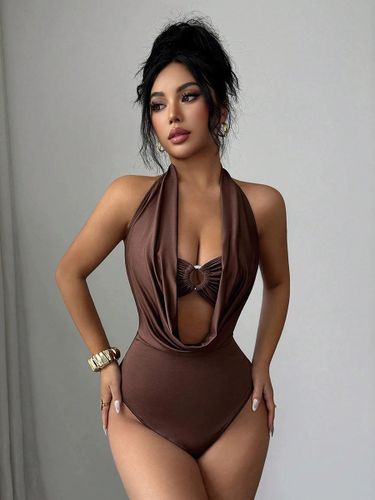 Body marron à col châle dos nu et découpes sans manches coupe ajustée - milanoo.com - Modalova
