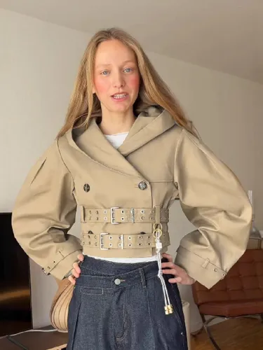 Trench-coat court ceinturé à manches bouffantes et double boutonnage avec capuche - milanoo.com - Modalova
