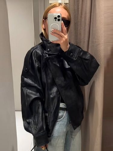Veste de motarde oversize en similicuir col montant coupe ample - milanoo.com - Modalova