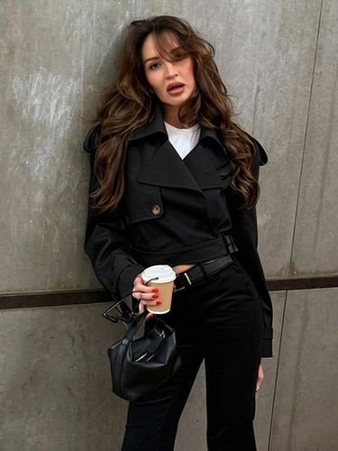 Trench-coat court croisé à revers ceinturé et manches longues - milanoo.com - Modalova