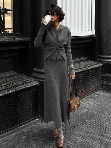 Ensemble trois pièces en maille chiné comprenant un gilet un cardigan et une jupe midi assortie - milanoo.com - Modalova