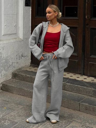 Ensemble deux pièces en polaire marron : sweat à capuche zippé et pantalon large - milanoo.com - Modalova