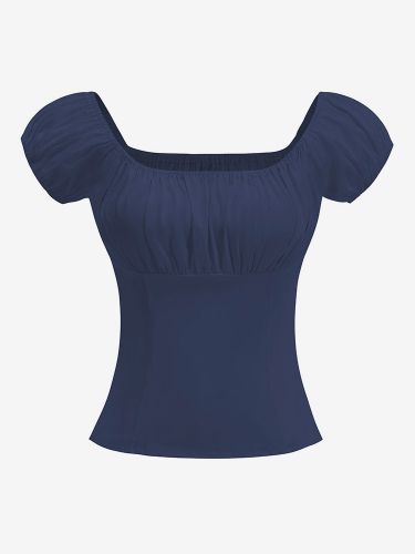 Haut bleu marine à col carré et manches bouffantes blouse courte froncée - milanoo.com - Modalova