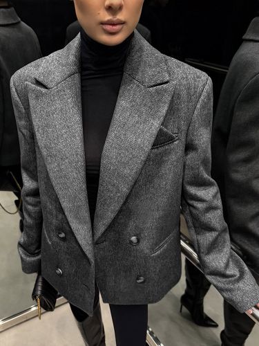 Manteau croisé ceinturé en laine mélangée à revers et manches longues - milanoo.com - Modalova