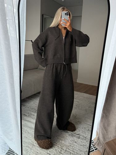 Ensemble deux pièces en maille foncé : sweat à capuche zippé et pantalon large - milanoo.com - Modalova