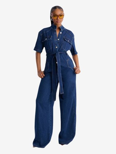 Combinaison en jean à revers manches courtes simple boutonnage ceinture jambes larges style décontracté - milanoo.com - Modalova