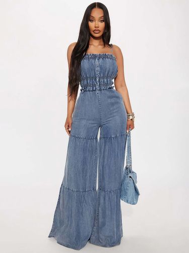 Combinaison en jean sans bretelles taille smockée jambes larges style décontracté - milanoo.com - Modalova