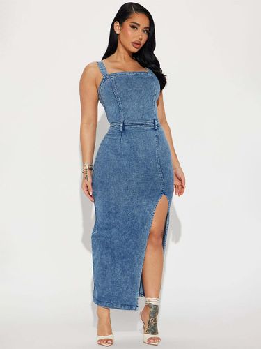 Robe longue en jean à col carré bretelles spaghetti et ceinture fendue robe sexy - milanoo.com - Modalova