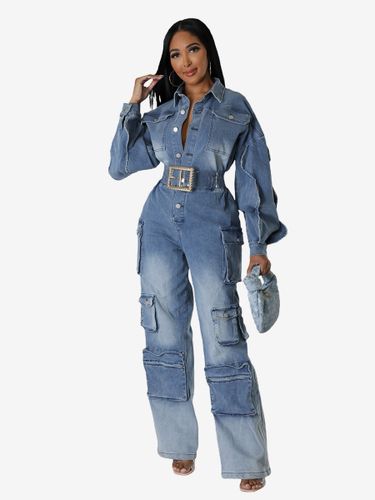 Combinaison en jean ombré à revers manches longues ceinture cargo jambes larges style streetwear - milanoo.com - Modalova