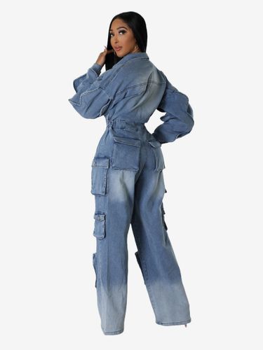 Combinaison en jean ombré à revers manches longues ceinture cargo jambes larges style streetwear - milanoo.com - Modalova