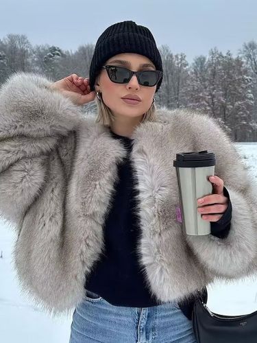 Veste courte en fausse fourrure beige manches longues manteau d'hiver chaud - milanoo.com - Modalova