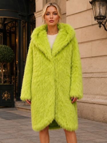 Manteau en fausse fourrure de renard vert vif à capuche à revers et à manches longues - milanoo.com - Modalova