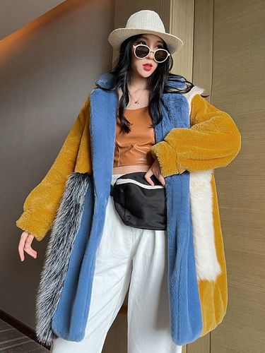 Manteau en fausse fourrure et bleue patchwork à revers en fausse fourrure manches longues oversize - milanoo.com - Modalova