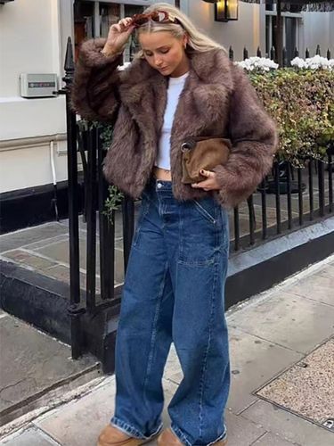 Manteau court en fausse fourrure grise à revers en fausse fourrure de renard ouvert sur le devant et manches longues - milanoo.com - Modalova