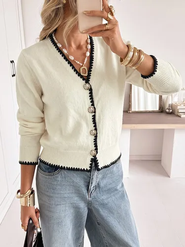 Gilet ivoire à col en V coutures coquille boutons manches longues maille douce et décontractée - milanoo.com - Modalova