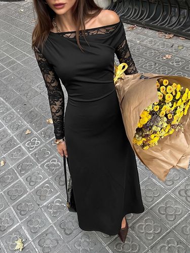 Robe longue à épaules dénudées en dentelle manches longues moulantes et fente idéale pour une soirée romantique - milanoo.com - Modalova