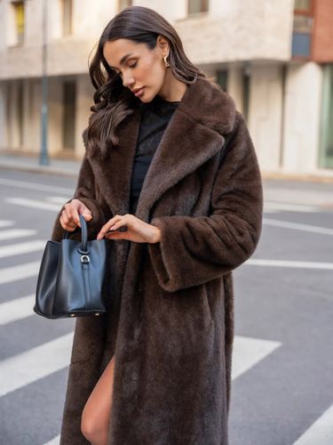 Manteau mi-long en fausse fourrure de vison épaisse et chaude à revers et ceinture - milanoo.com - Modalova