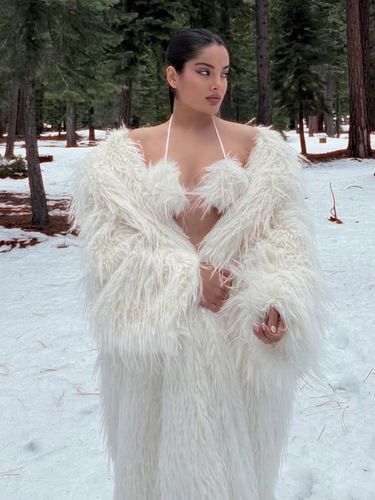 Manteau long en fausse fourrure épaisse et chaude à col large - milanoo.com - Modalova
