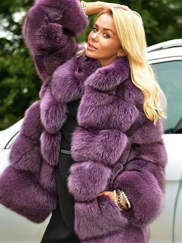 Veste mi-longue en fausse fourrure de renard épaisse et chaude avec col large et empiècements - milanoo.com - Modalova