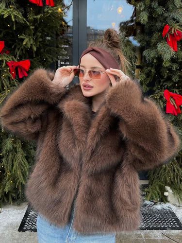 Veste en fausse fourrure de renard épaisse et chaude col châle manches longues coupe mi-longue oversize - milanoo.com - Modalova