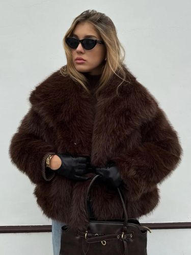 Veste en fausse fourrure renard brun épaisse et chaude col châle manches longues courte - milanoo.com - Modalova