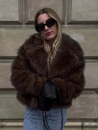 Veste en fausse fourrure renard brun épaisse et chaude col châle manches longues courte - milanoo.com - Modalova