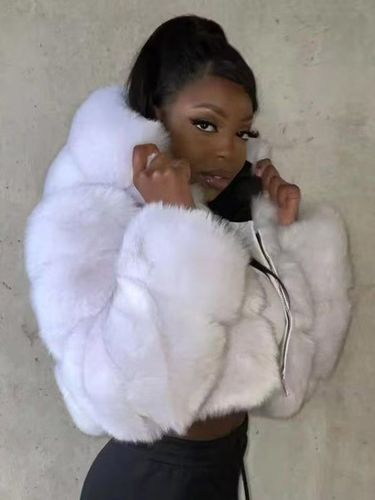 Veste en fausse fourrure renard blanc épaisse et chaude à capuche manches longues courte - milanoo.com - Modalova