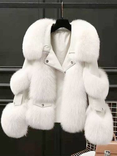 Veste de motarde blanche en similicuir et fourrure de renard épaisse et chaude manches longues - milanoo.com - Modalova