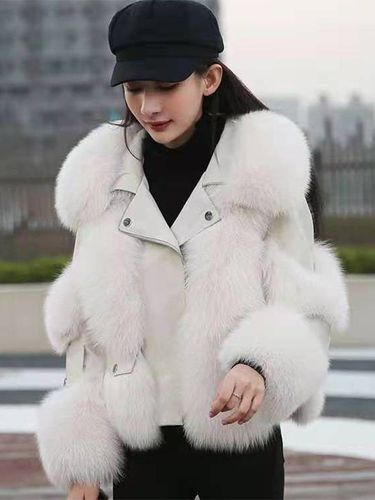 Veste de motarde blanche en similicuir et fourrure de renard épaisse et chaude manches longues - milanoo.com - Modalova