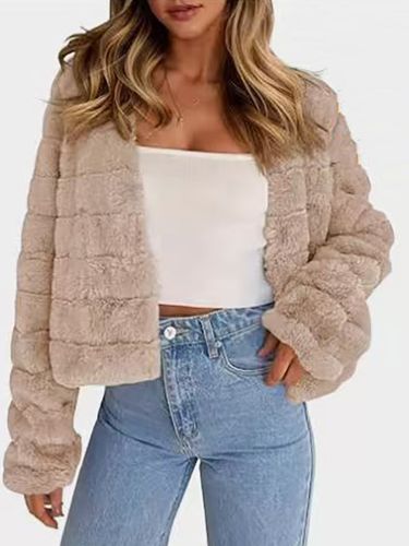 Veste en fausse fourrure couleur abricot vison épais et chaud à rayures manches longues coupe courte - milanoo.com - Modalova