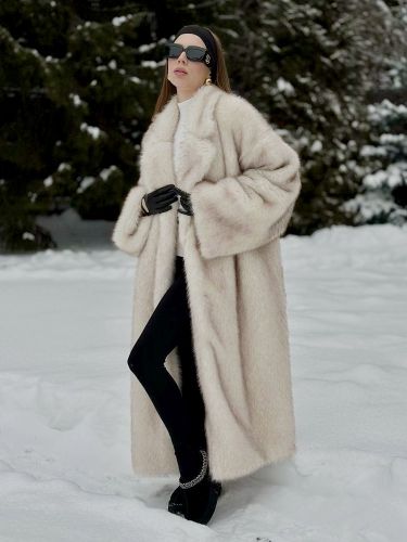 Manteau long en fausse fourrure renard blanc cassé épais et chaud col à revers - milanoo.com - Modalova