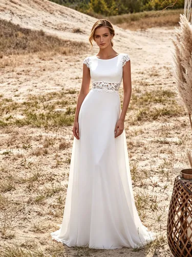 Robes de mariée civiles en dentelle col rond manches courtes longueur au sol - milanoo.com - Modalova
