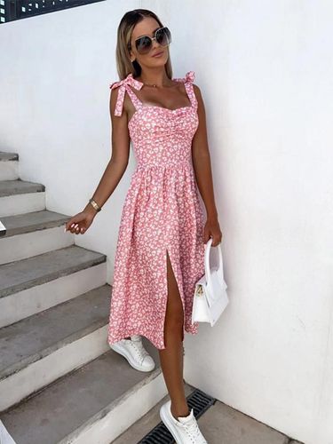 Robe midi en lycra spandex dos nu sans manches à fleurs et taille naturelle ornée de fleurs - milanoo.com - Modalova