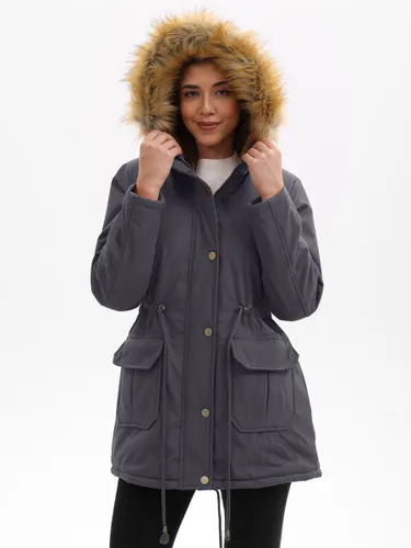 Manteau parka mi-long à capuche bordée de fausse fourrure doublé polaire et taille cintrée - milanoo.com - Modalova