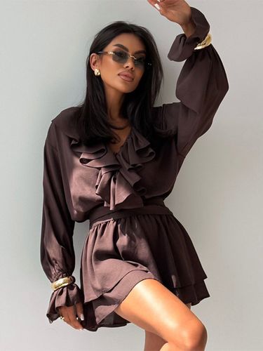 Robe moulante courte à col en V volants et fermeture éclair manches longues et taille cintrée style décontracté - milanoo.com - Modalova