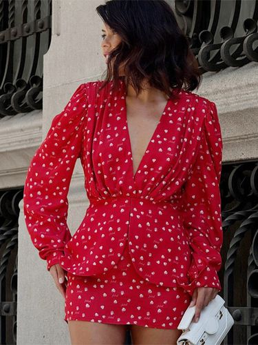 Robe courte à pois col en V manches bouffantes taille cintrée à volants style vintage sexy - milanoo.com - Modalova