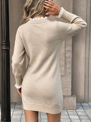 Robe pull moulante à col rond et manches longues à volants et torsades - milanoo.com - Modalova