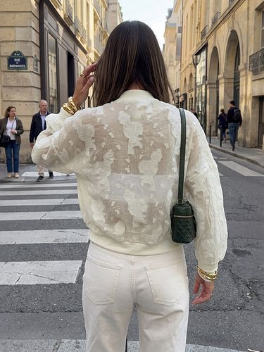 Blouson aviateur en dentelle transparente col montant fermeture éclair manches longues courtes côtelé - milanoo.com - Modalova
